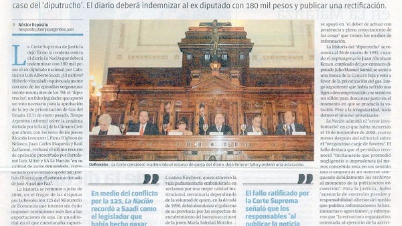 La Suprema Corte confirma condena a La Nación por calumniar a Saadi