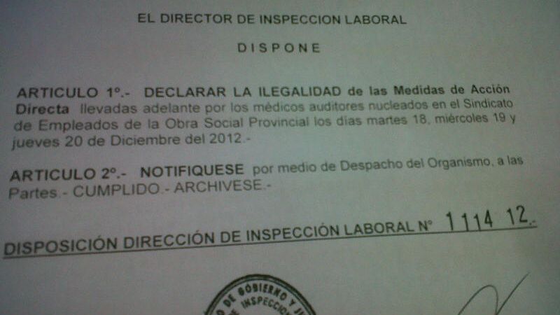 Las medidas de fuerza de médicos auditores de OSEP son ilegales