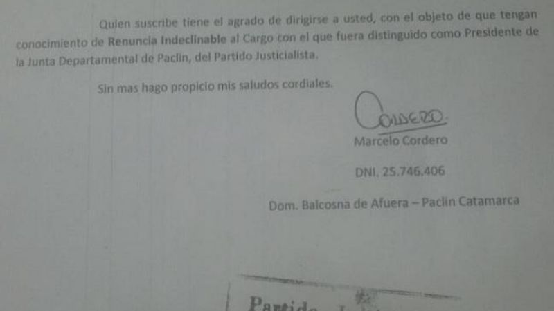 Renunció el presidente del PJ de Paclín