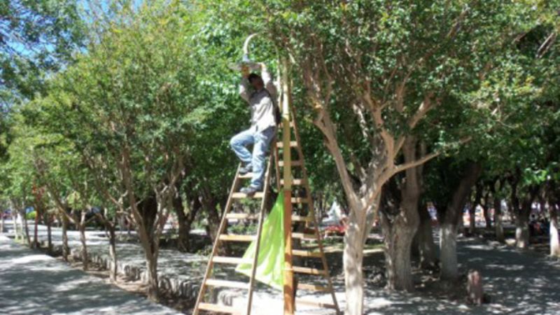 Realizan trabajos de mejora en la iluminación de Plaza Belgrano