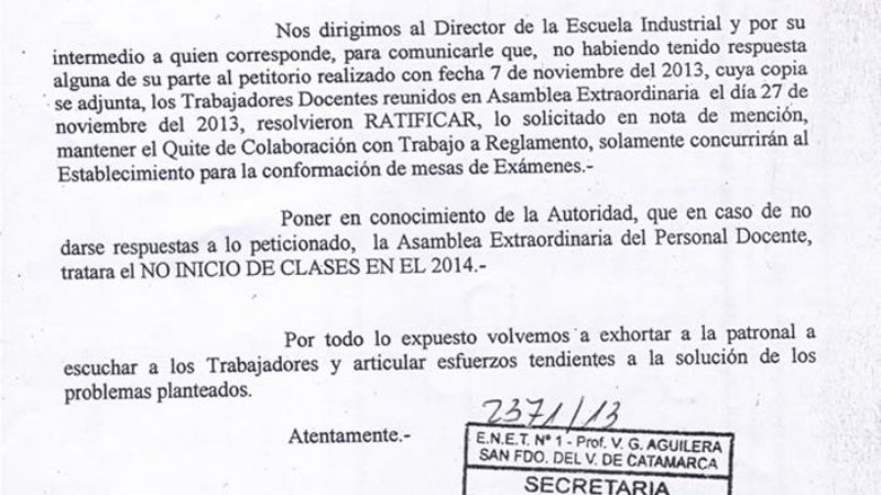 En la Industrial amenazan con no iniciar las clases el año que viene