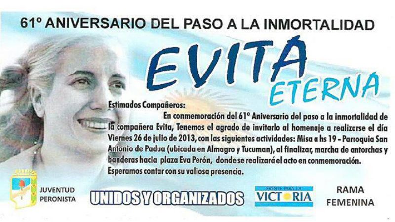 El peronismo conmemora el 61º del paso a la inmortalidad de Evita