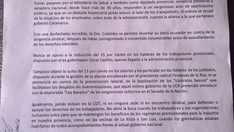 “La diputada Colombo es una oportunista que nunca estuvo con los trabajadores”