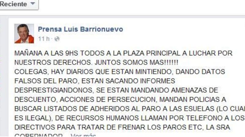 Prensa de Luis Barrionuevo convoca al Paro docente