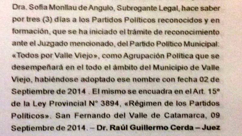 Roque Molina tramita reconocimiento de “Todos por Valle Viejo”