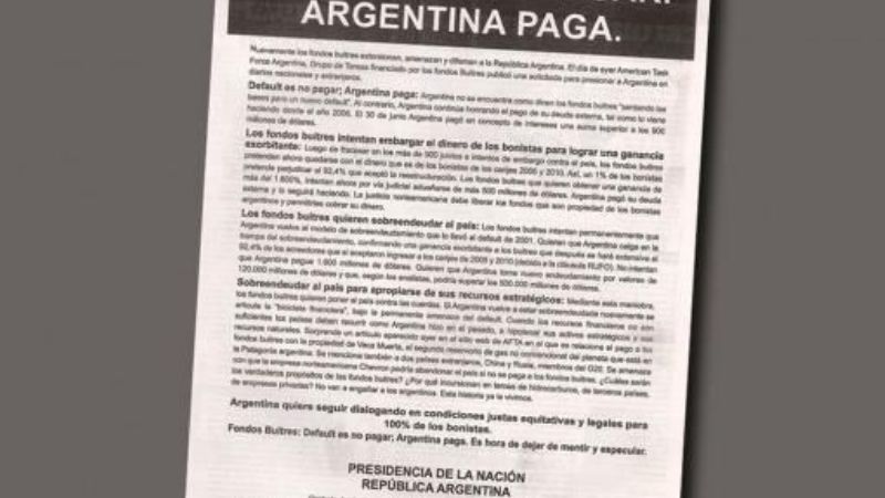 El Gobierno afirmó en una solicitada que los fondos buitre "extorsionan"