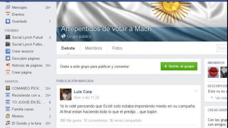 "Arrepentidos de votar a Macri", el nuevo grupo antimacrista de Facebook