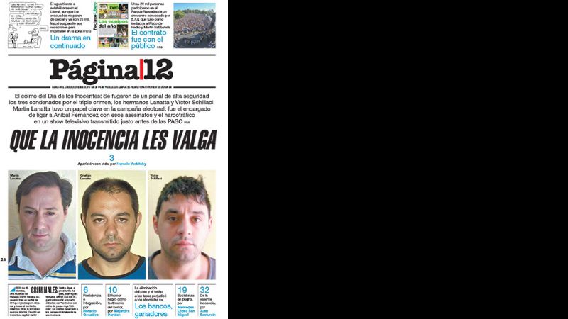 Alegórico título de Página 12 sobre la fuga de tres homicidas