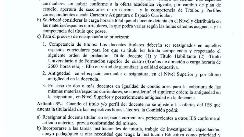Reasignación de docentes titulares de horas cátedras de Nivel Superior