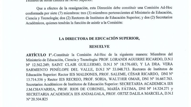 Reasignación de docentes titulares de horas cátedras de Nivel Superior