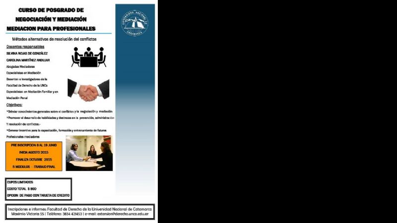 Dictarán Posgrado en “Negociación y Mediación para Profesionales”