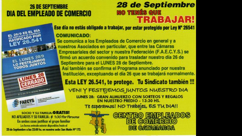 Se traslada al 28 de septiembre el Día del Empleado de Comercio