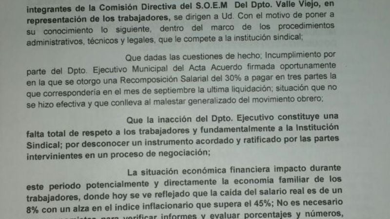 El SOEM Valle Viejo va al paro por tiempo indeterminado