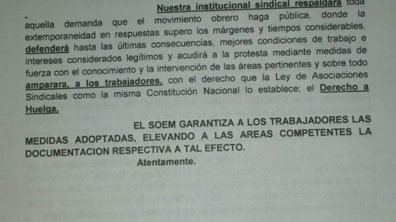 El SOEM Valle Viejo va al paro por tiempo indeterminado