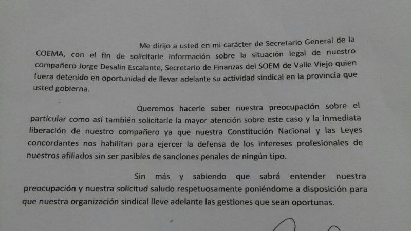 El COEMA pide a Corpacci la liberación de Escalante