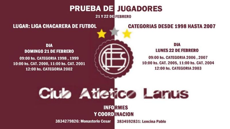 Lanús probará jugadores juveniles de las clases 1998 a 2007