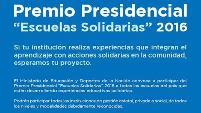 Se prorroga la convocatoria del Premio Presidencial "Escuelas Solidarias"