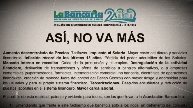 Bancarios advierten con un paro nacional