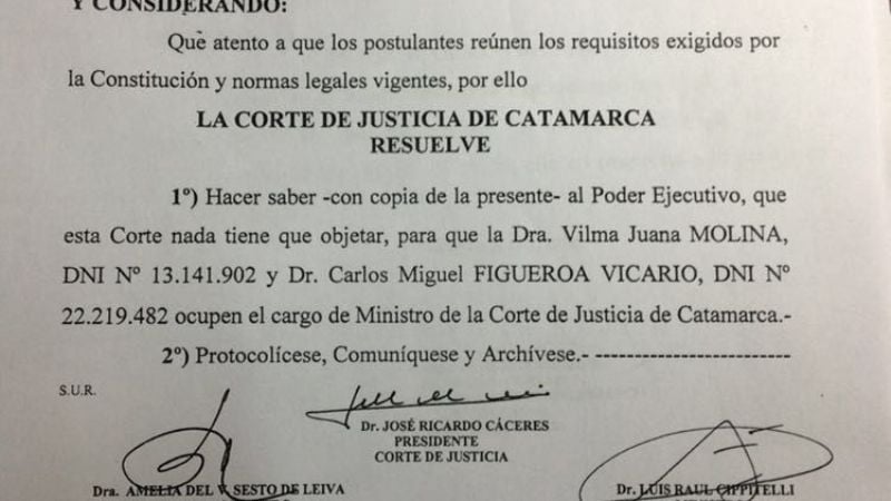 La Corte avaló los nombramientos de Figueroa Vicario y de Molina