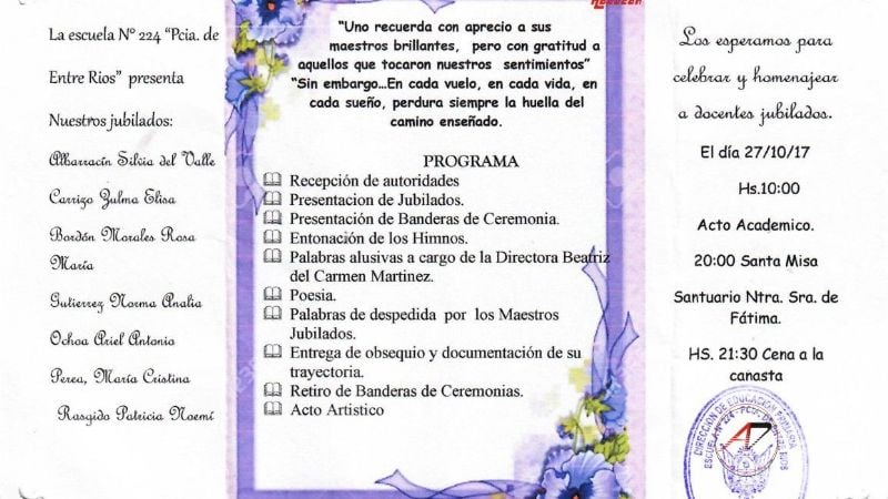 Reconocerán a docentes jubilados de la Escuela N° 224