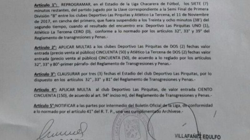 Las Pirquitas y La Tercena deben jugar 7 minutos