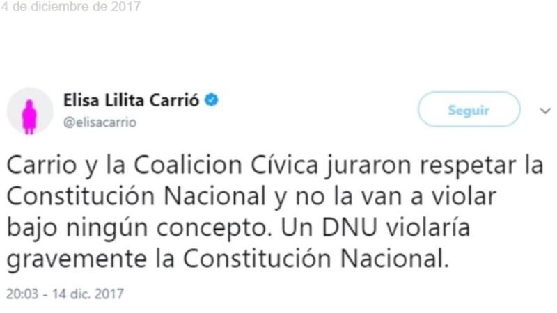 Carrió: "Un DNU violaría gravemente la Constitución"