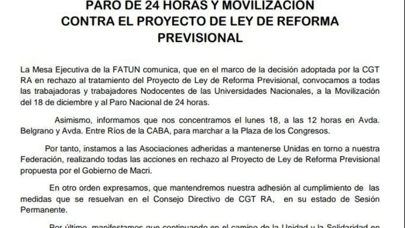 FATUN convoca a paro sin asistencia a los lugares de trabajo