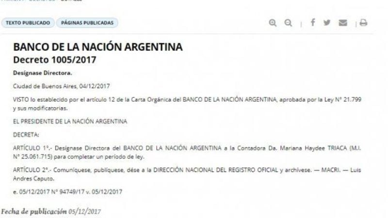 La hermana del ministro Triaca fue designada como directora del Banco Nación