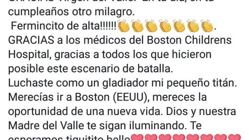 En el Día de la Virgen, Fermín fue dado de alta