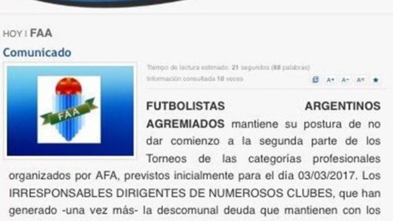 Agremiados ratificó paro y asegura que el fútbol de AFA no se reanudará