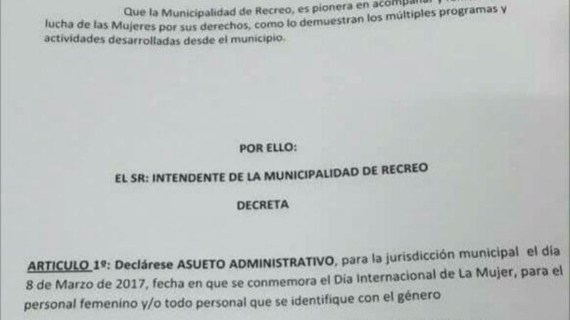 Asueto municipal en Recreo por el Día Internacional de la Mujer