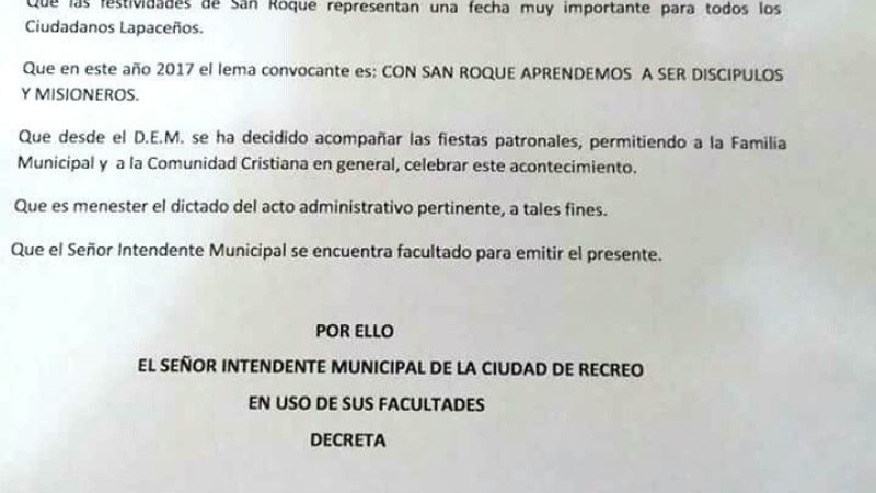 Asueto en Recreo por el Día del Patrono San Roque