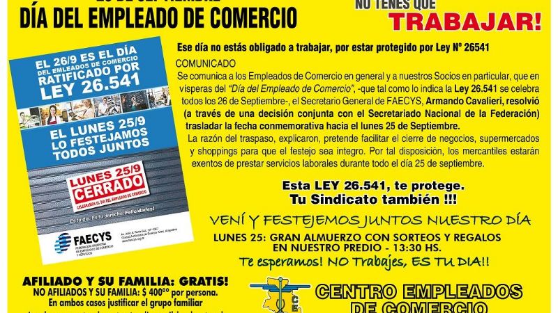 Festejo y feriado por el Día del Empleado de Comercio