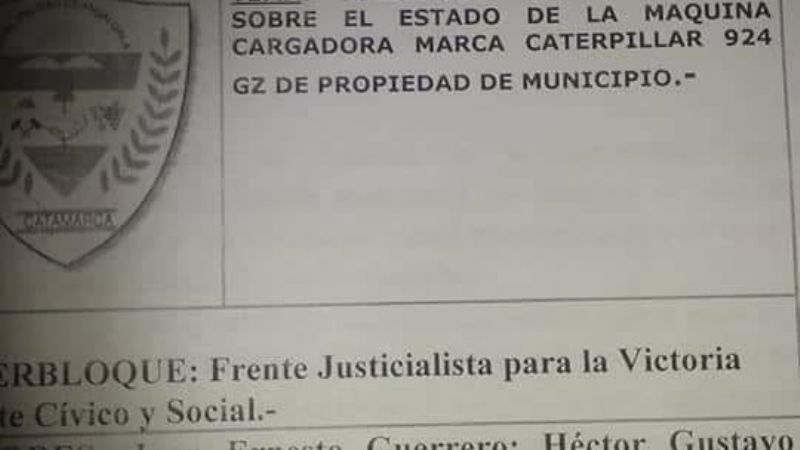 Pedirán informe a Páez por una máquina cargadora del municipio