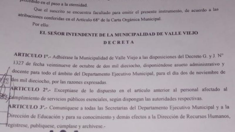 Valle Viejo adhiere al asueto del viernes