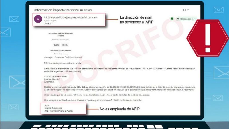 Alerta por un mail trucho de la AFIP que exige un pago por un envío puerta a puerta