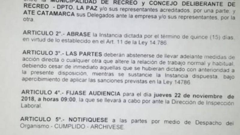 Conciliación obligatoria en el conflicto con municipales de Recreo