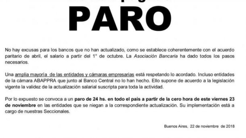 Este viernes, se paraliza la actividad bancaria en todo el país