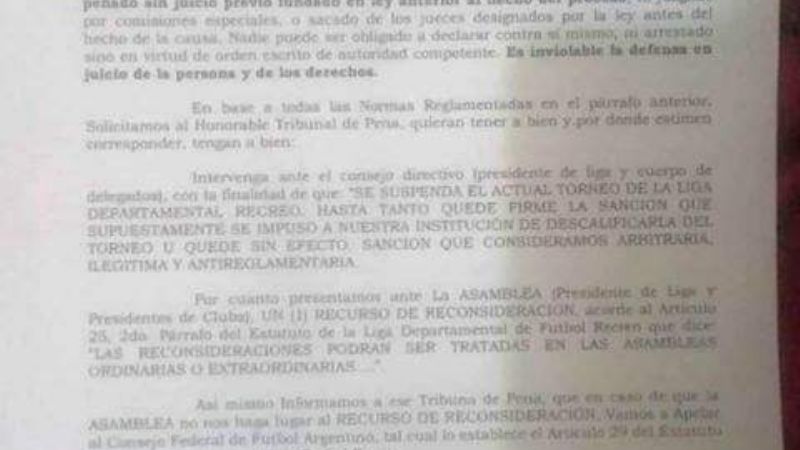 Esperanza Recreína: tras su descalificación sigue reclamo por vía legal