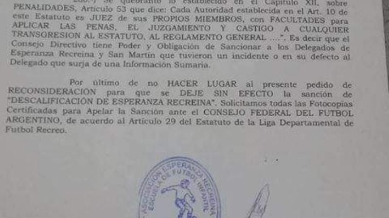 Esperanza Recreína: tras su descalificación sigue reclamo por vía legal