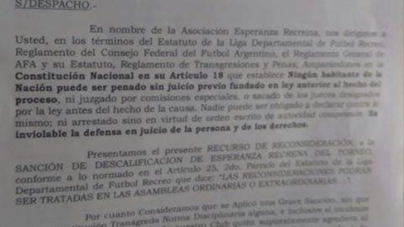 Esperanza Recreína: tras su descalificación sigue reclamo por vía legal