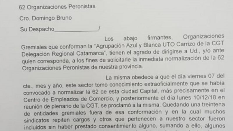 La “Azul y Blanca” desconoce a la nueva mesa de “las 62”
