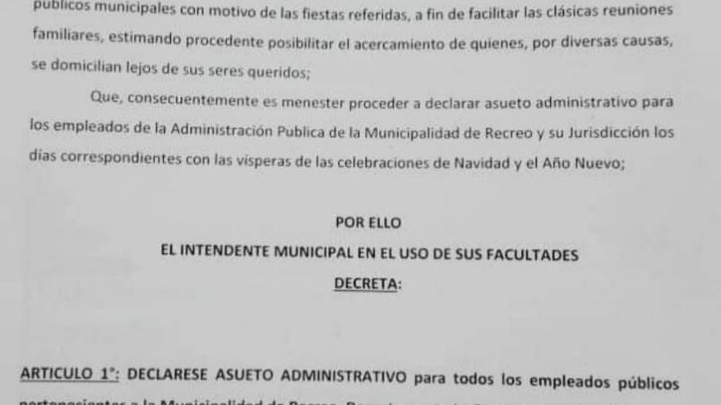 Asueto municipal el 24 y 31 en Recreo