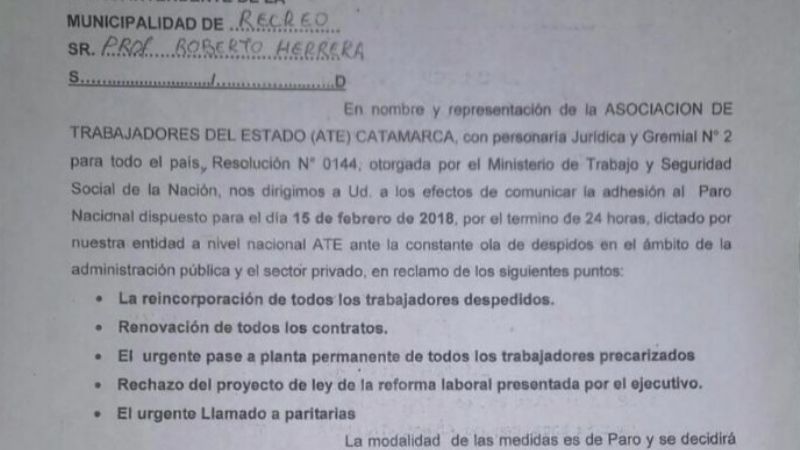 ATE Recreo se suma al paro y movilización