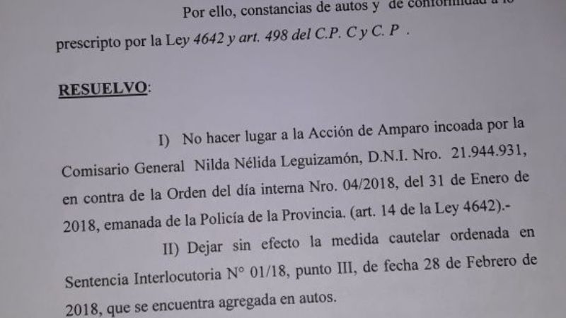 Revés judicial para la comisario Leguizamón