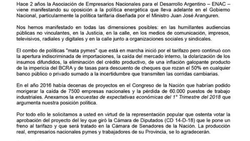 Empresarios Nacionales pidieron frenar el tarifazo
