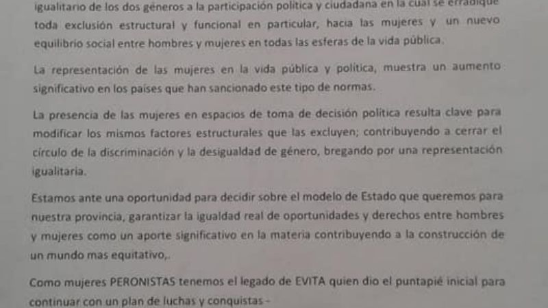 Mujeres peronistas del Oeste piden por la Ley de Paridad de Género