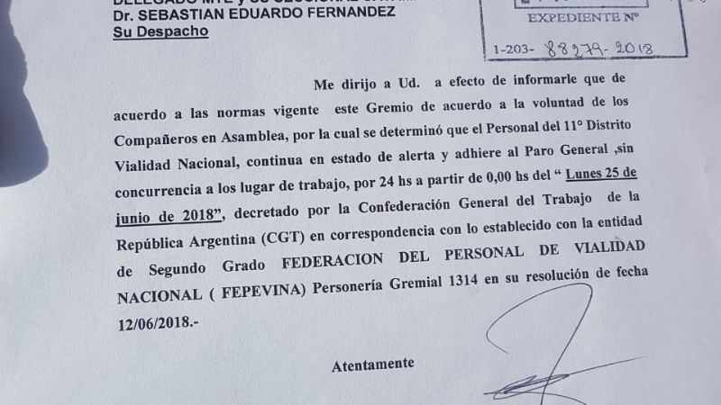 Vialidad Nacional se suma al paro del lunes 25