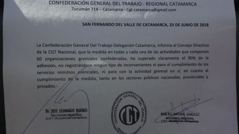 La CGT asegura que el paro superó el 90% en Catamarca