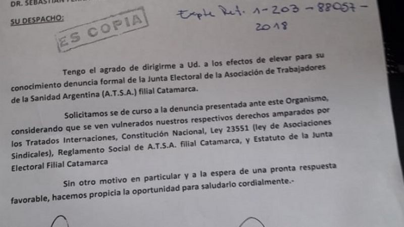 “Lista Verde” denunció a la Junta Electoral de ATSA